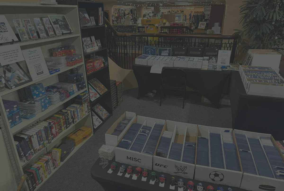 Shelves and card boxes at the Paul Carl Cards booth